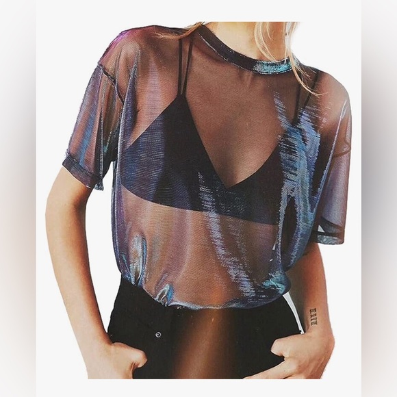 Metallic Shimmer See-through Short Sleeve Shirt Blouse (Medium) - Picture 3 of 6